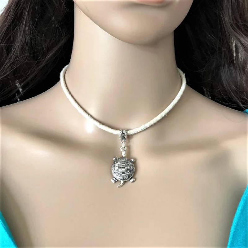 cubic zirconia necklace for women -Silver Turtle Charm Choker