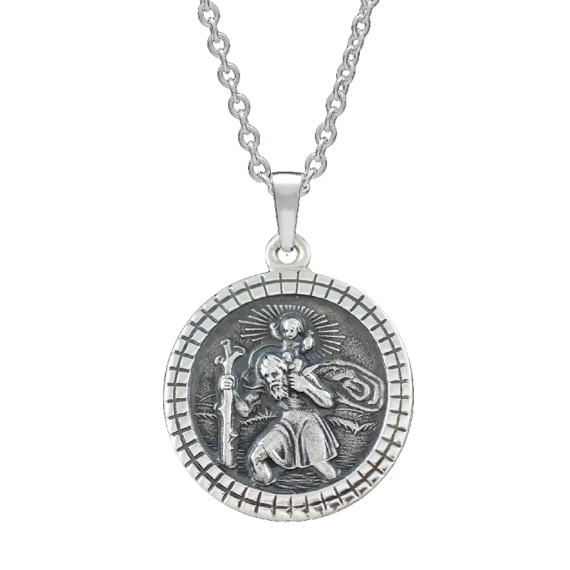 personalized birthstone necklace for moms -St Christopher Mosaic Border Personalised Silver Necklace (Cast Sterling Silver)