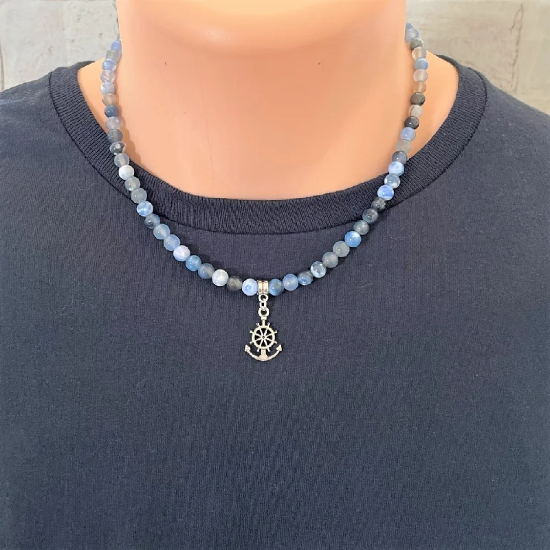 crystal healing necklace for women -Storm Line Agate and Silver Anchor Mens Beaded Necklace