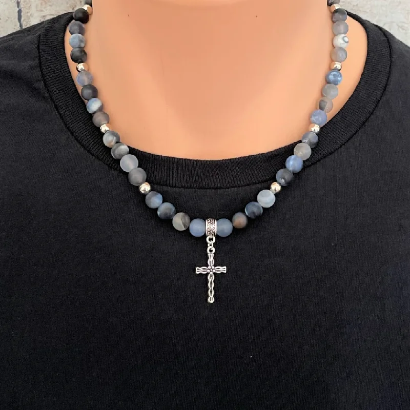 fashion necklace for women -Storm Line Matte Agate and Silver Cross Mens Necklace