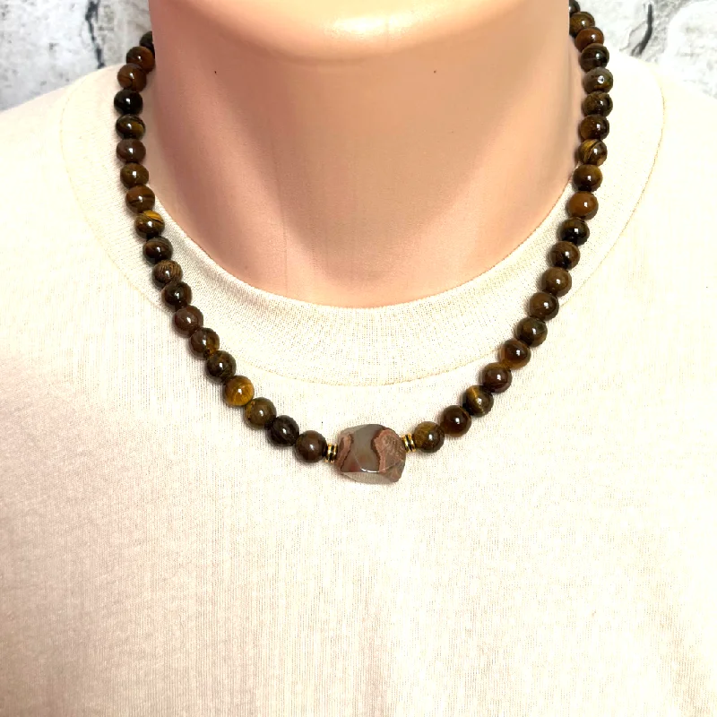 lariat necklace for women -Tigers Eye and Agate Stone Beaded Mens Necklace