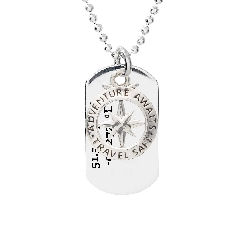 personalized birthstone necklace for moms -Travel Safe Compass Coordinates Dog Tag Silver Necklace