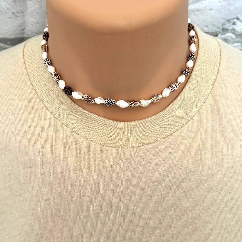 silver locket necklace for women -White and Brown Mens Puka Shell Necklace