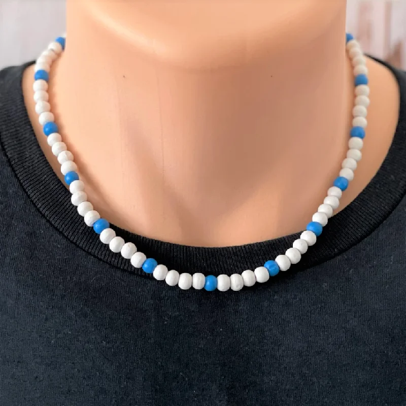 silver locket necklace for women -White and Royal Blue Mens Wood Beaded Necklace