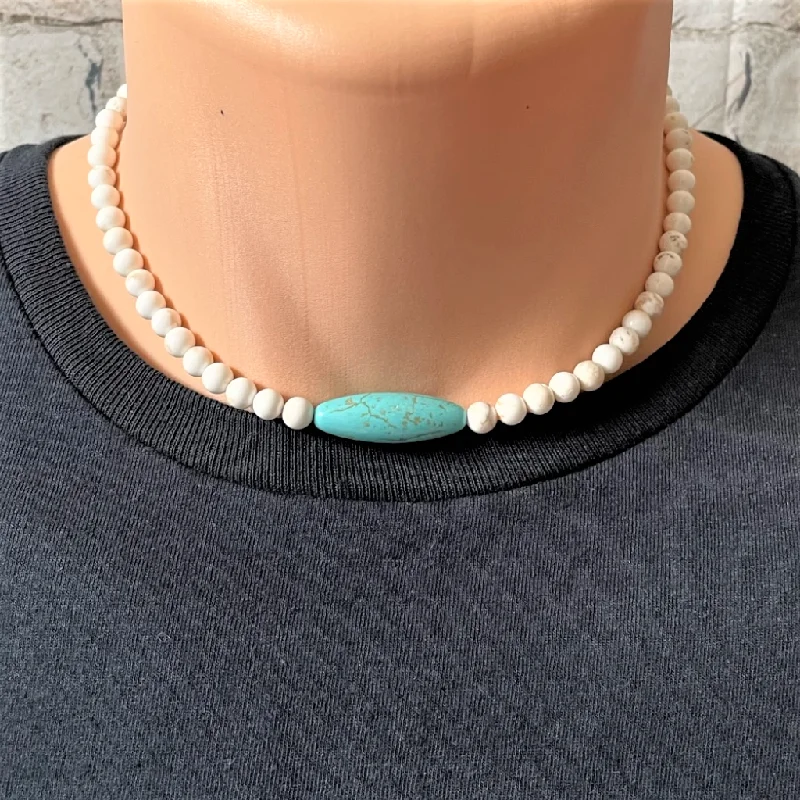 moon and star necklace for women -White and Turquoise Magnesite Mens Beaded Necklace