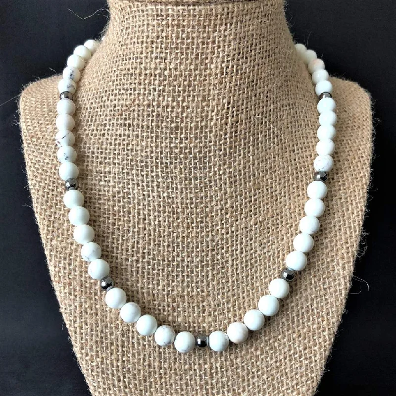 pearl choker necklace for brides -White Magnesite Mens Beaded Necklace