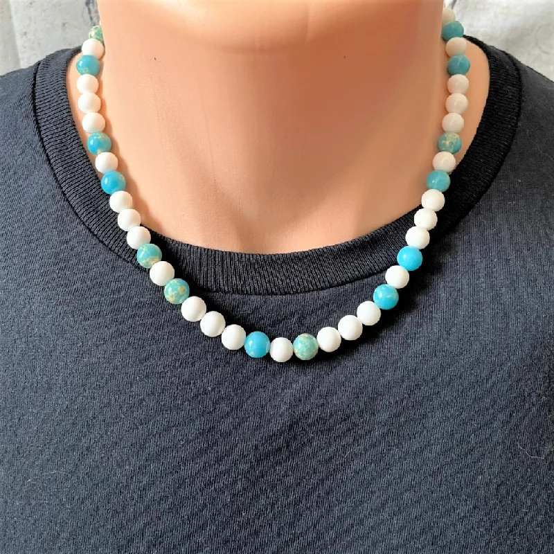 men’s chain necklace -White Shell and Turquoise Impression Jasper Beaded Mens Necklace