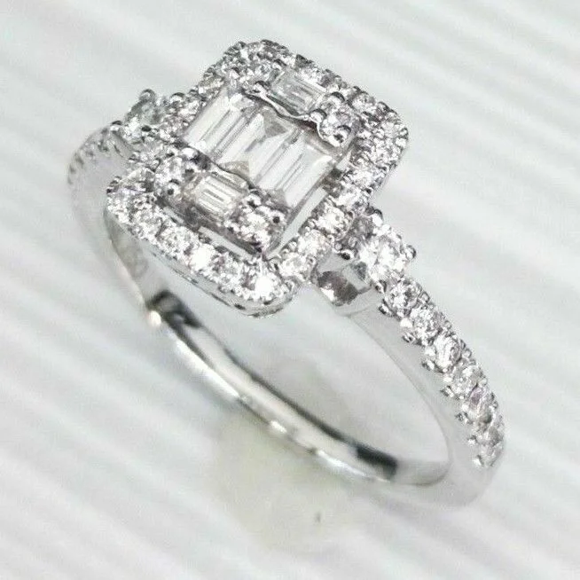 silver promise ring for couples -0.68 TCW Halo Baguette & Round Diamond 18K White Gold Engagement Ring Size 6.75