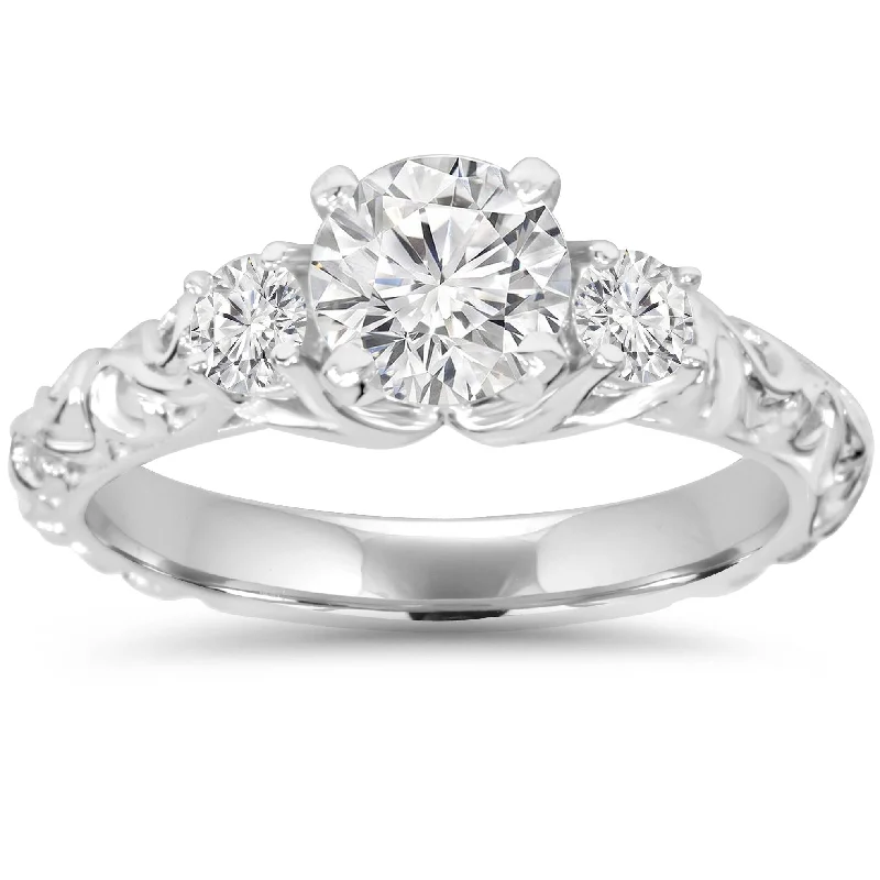 engraved name ring for gifts -1 1/3Ct Vintage 3-Stone (1Ct Center) Enhanced Diamond Engagement Ring White Gold