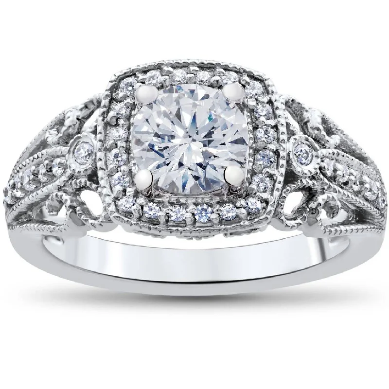 celestial ring for women -1 1/3ct Vintage Enhanced Diamond Engagement Cushion Halo Ring 14K White Gold