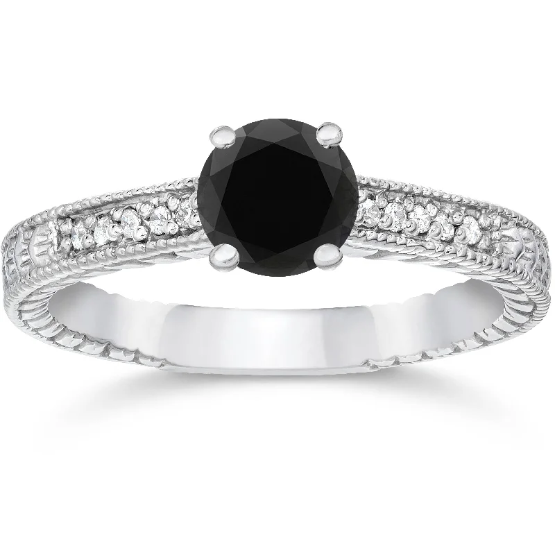 trendy ring for teenage girls -1 1/5ct Vintage Treated Black & White Diamond Engagement Ring 14K White Gold