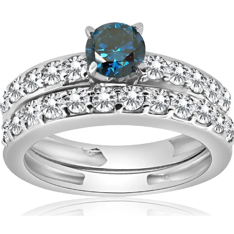 platinum engagement ring for women -1 3/8Ct Blue Round Cut Diamond Matching Bridal Engagement Ring Set White Gold