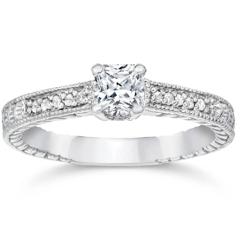 nature inspired ring for women -1/3ct Princess Cut Diamond Engagement Ring 14K White Gold