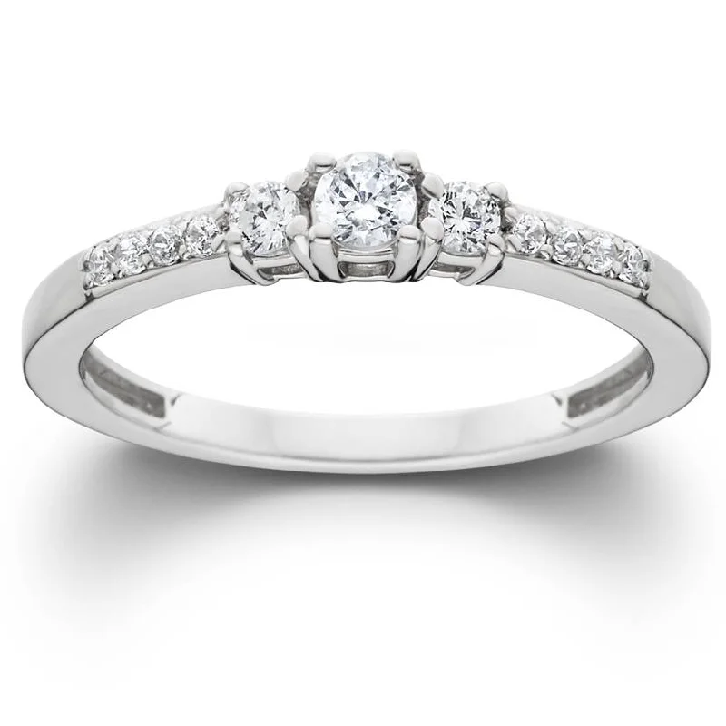 silver promise ring for couples -1/3ct Three Stone Round Diamond Engagement Ring 14K White Gold