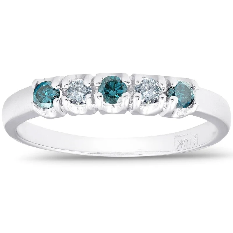 birthstone stacking rings for women -1/4ct Treated Blue & White Diamond 5-Stone Wedding Womens Ring 10K White Gold