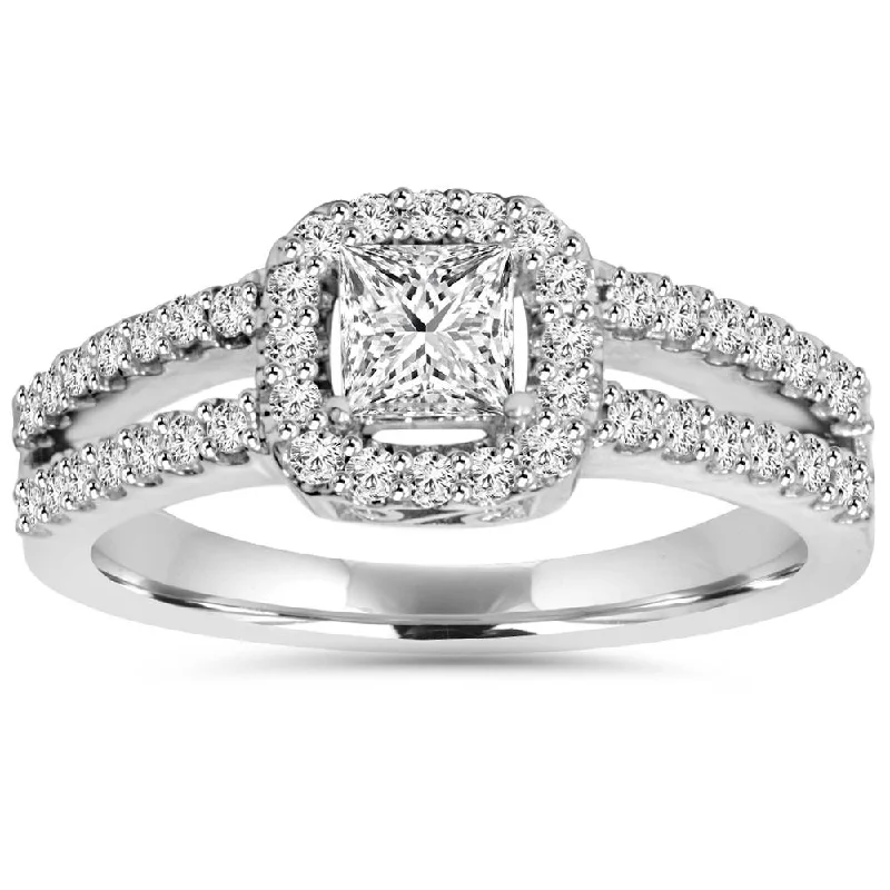 delicate gold ring for layering -1 Carat Princess Cut Split Shank Halo Diamond Engagement Ring 14K White Gold