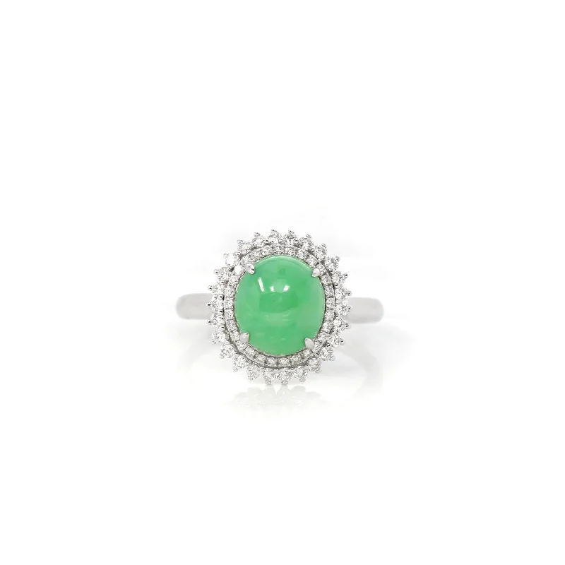 pinky ring for men -18k White Gold Natural Imperial Green Jadeite Jade Engagement Ring With Diamonds