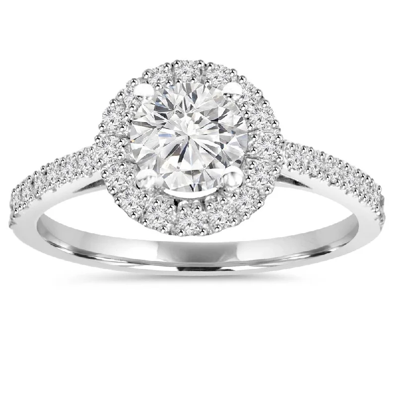 delicate gold ring for layering -1CT Halo Round Diamond Engagement Ring 14K White Gold