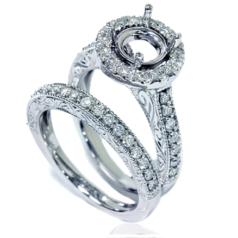 fashion statement ring for women -1ct Vintage Engagement Ring Set Semi Mount 14K White Gold