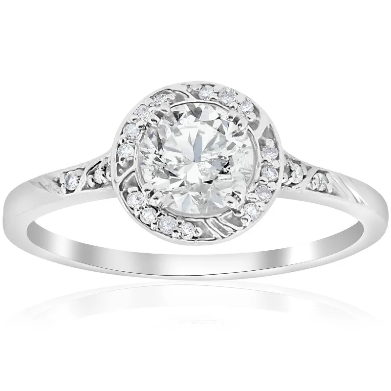 trendy ring for teenage girls -1ct Vintage Halo Diamond Sculptural Engagement Ring 14K White Gold