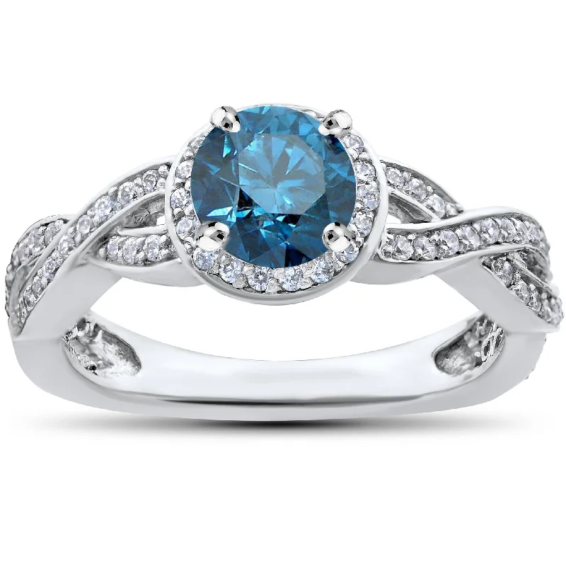 men’s ring with birthstone -3/4ct Blue & White Diamond Halo Infinity Engagement Ring 14K White Gold