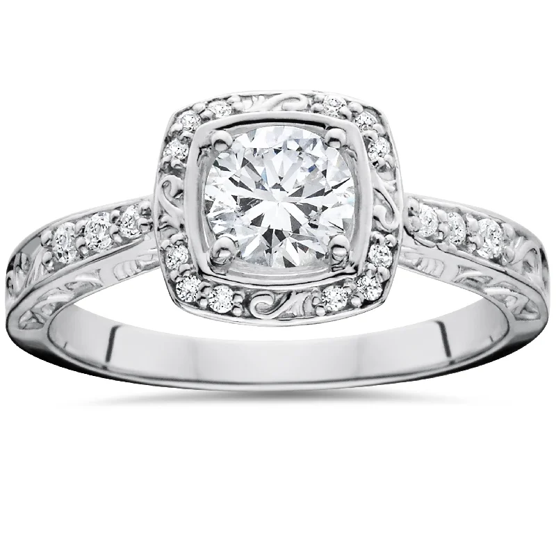 custom engraved ring for couples -7/8ct Vintage Sculptural Diamond Cushion Halo Engagement Ring 14K White Gold