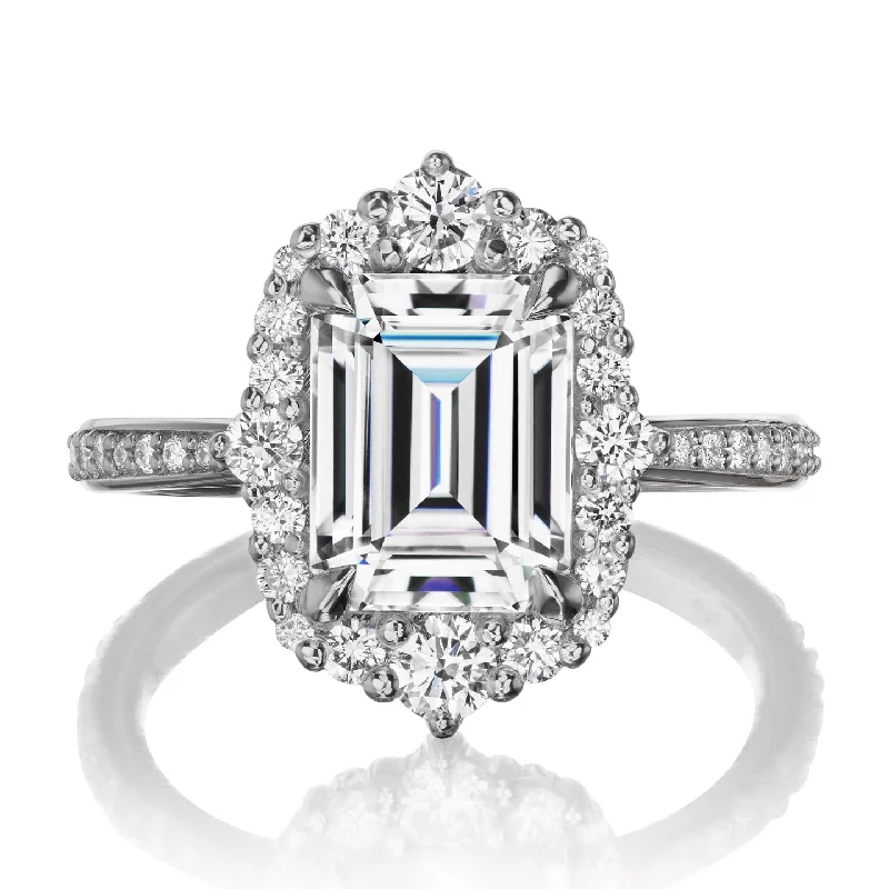 bohemian style ring for women -・ADELINE・Emerald Cut Moissanite Center, Diamond Halo (2.98ctw+)