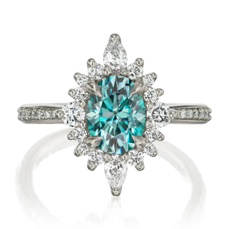 diamond cluster ring for women -・ANIKA・Oval Aqua-Teal Iconic™ Moissanite Center, Diamond Halo (1.98ctw+)