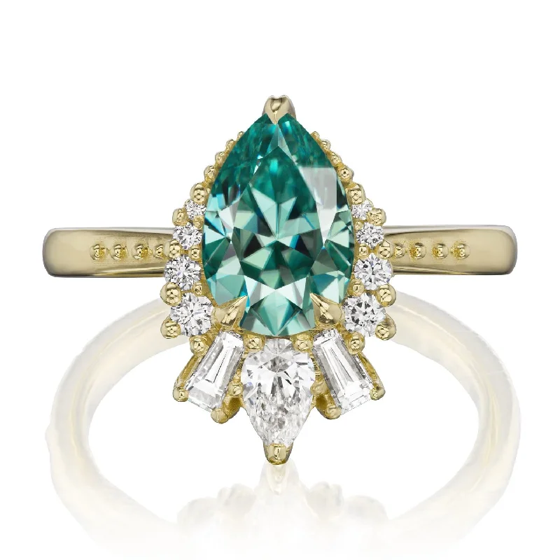 personalized couple rings with initials -・ARTEMIS・Pear Aqua-Teal Iconic™ Moissanite Center, Diamond Accents (1.81ctw+)