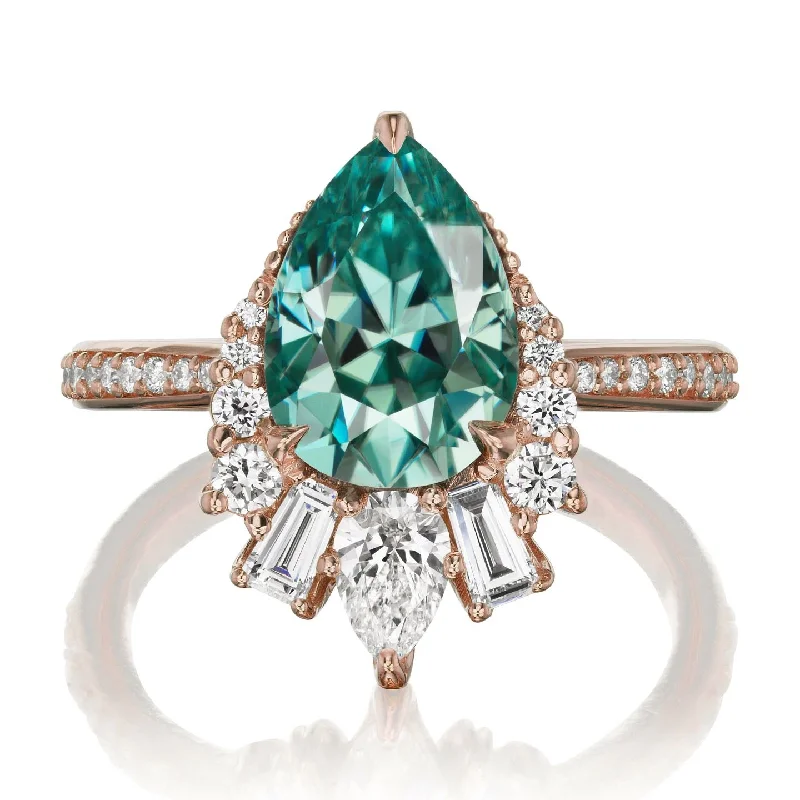 opal ring for women -・ARTEMIS・Pear Aqua-Teal Iconic™ Moissanite Center, Diamond Accents (2.53ctw+)