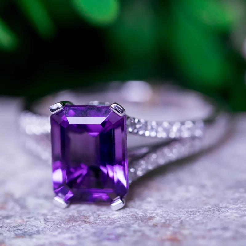 matching couple rings for anniversary -Auriya 1 1/4ct Fancy Emerald-cut Purple Amethyst and Diamond Engagement Ring 1/4ctw 14k Gold