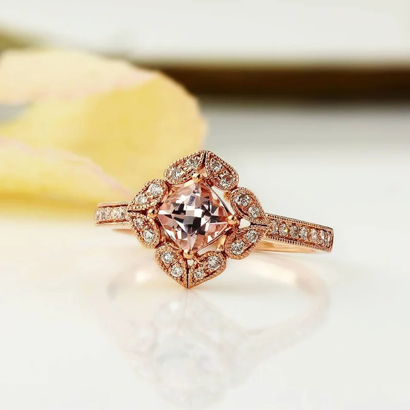 promise ring for girlfriend -Auriya 10k Rose Gold 3/4ct Cushion Morganite Halo Diamond Engagement Ring 1/5cttw