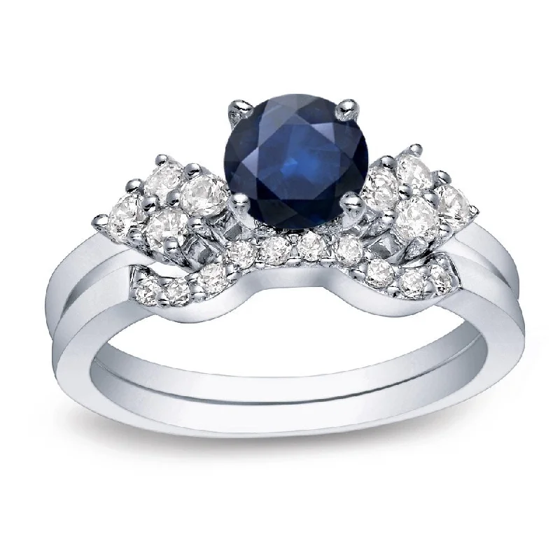 fashion statement ring for women -Auriya 14k Gold 3/5ct Round Blue Sapphire and 1/2ctw Diamond Engagement Ring Set