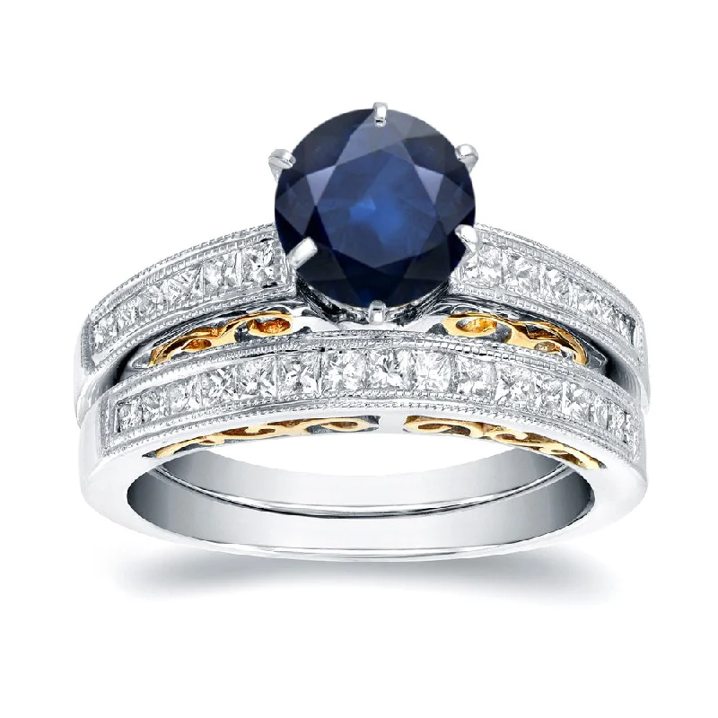 handmade gemstone ring for women -Auriya 14k Two-Tone Gold 1ct Vintage Sapphire and Diamond Engagement Ring Set 3/4ctw