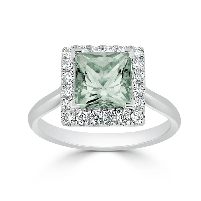 vintage inspired ring for women -Auriya 1ct Princess-cut Green Amethyst Halo Diamond Engagement Ring 1/3ctw 14k Gold