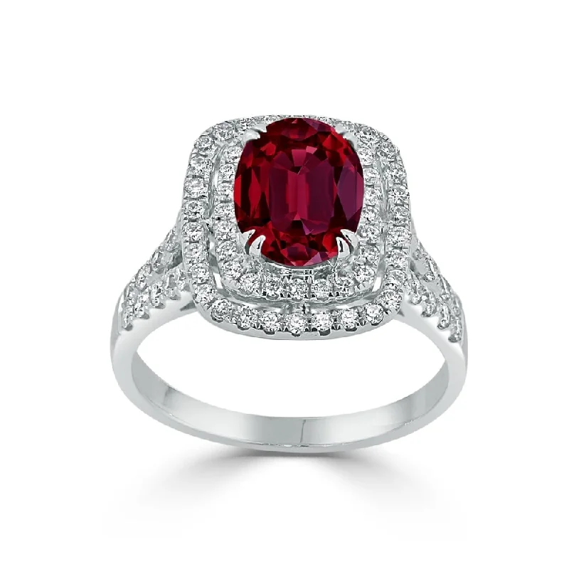 matching couple rings for anniversary -Auriya 2ct Red Ruby Oval-cut and Halo Diamond Engagement Ring 5/8ctw 18k Gold