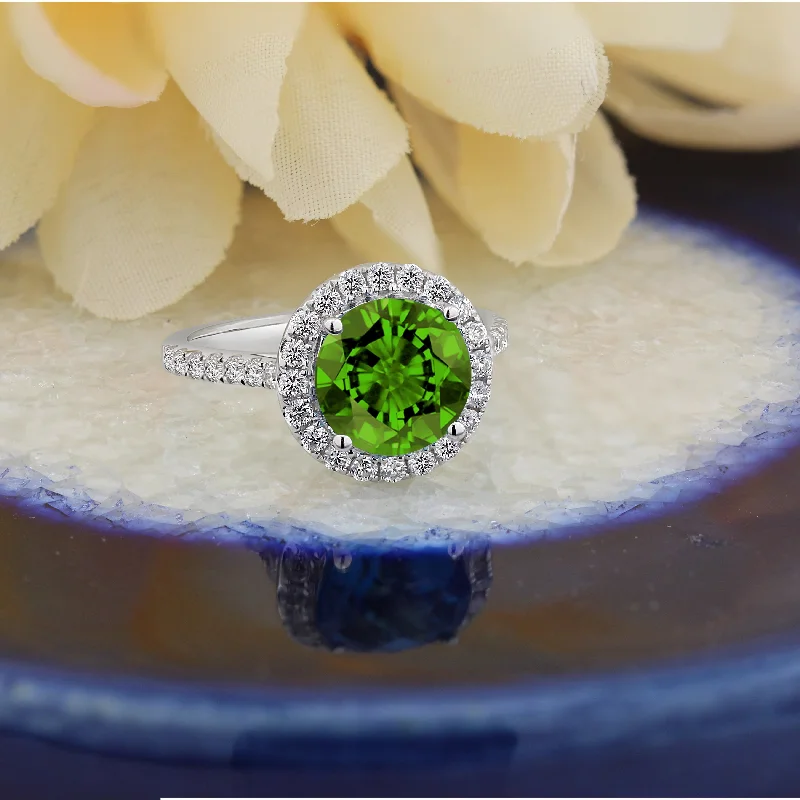 vintage inspired ring for women -Auriya 3 1/3ct Fancy Round Peridot and Halo Diamond Engagement Ring 5/8ctw 14k Gold