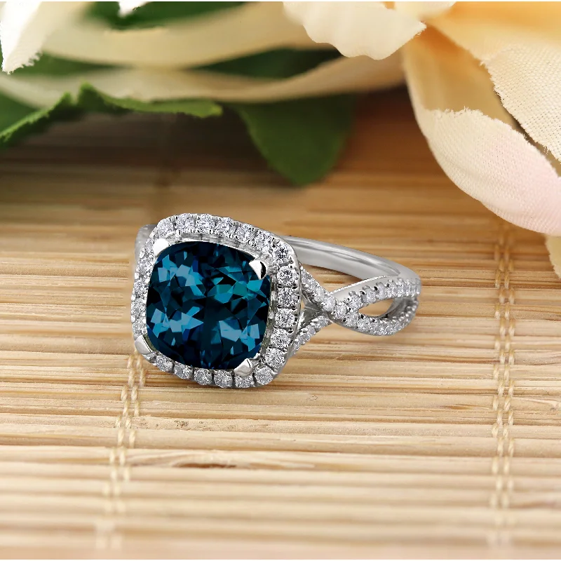 two-tone wedding band for men -Auriya 3 1/8ct Cushion-cut London Blue Topaz and Halo Diamond Engagement Ring 1/2cttw 14k Gold