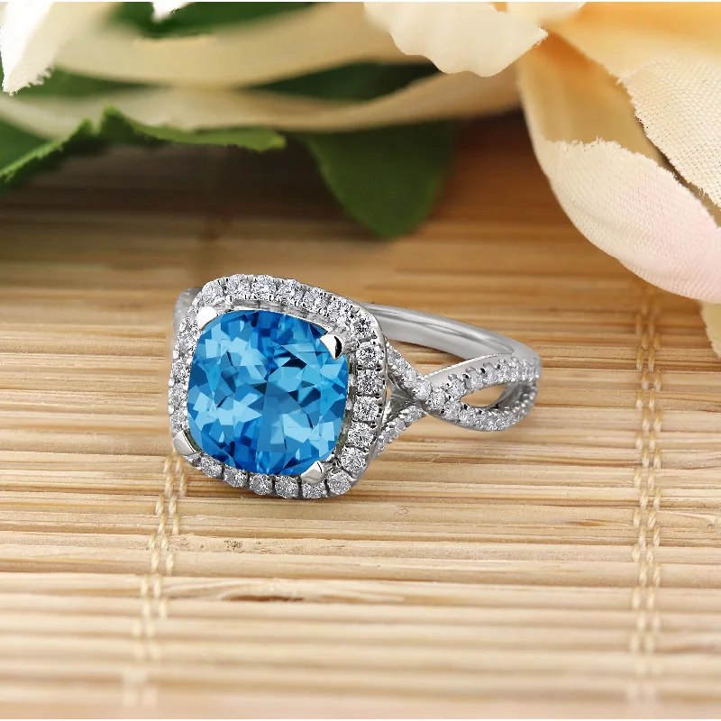 bold cocktail ring for women -Auriya 3 1/8ct Cushion-cut Swiss Blue Topaz and Halo Diamond Engagement Ring 1/2cttw 14k Gold