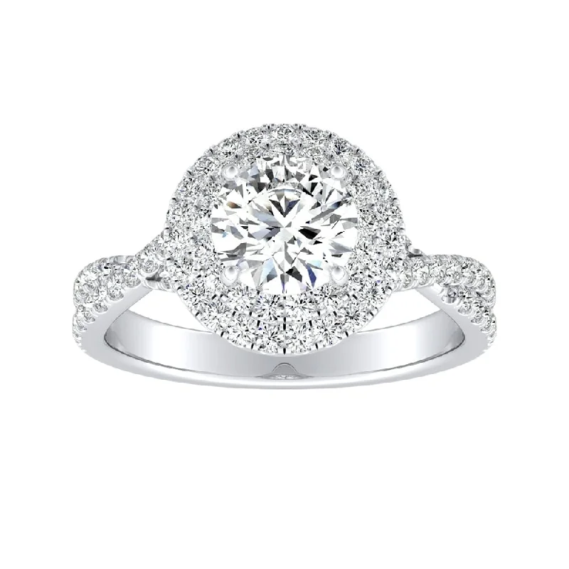 bohemian style ring for women -Auriya Round 1/2ct Moissanite and 1/2ctw Double Halo Diamond Engagement Ring 14k Gold