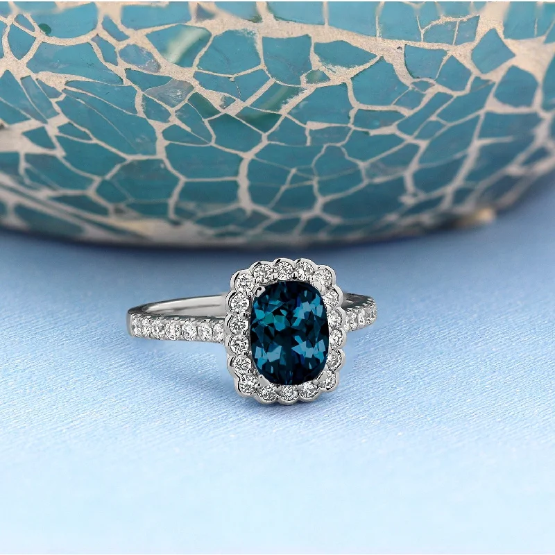 diamond solitaire ring for women -Auriya Vintage 1 1/3ct Cushion-cut London Blue Topaz Halo Diamond Engagement Ring 1/2ctw 14k Gold