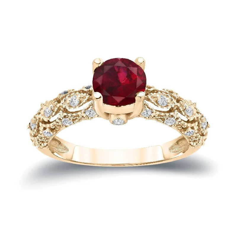 celestial ring for women -Auriya Vintage 1ct Red Ruby 1/4ctw Diamond Engagement Ring 14k Gold