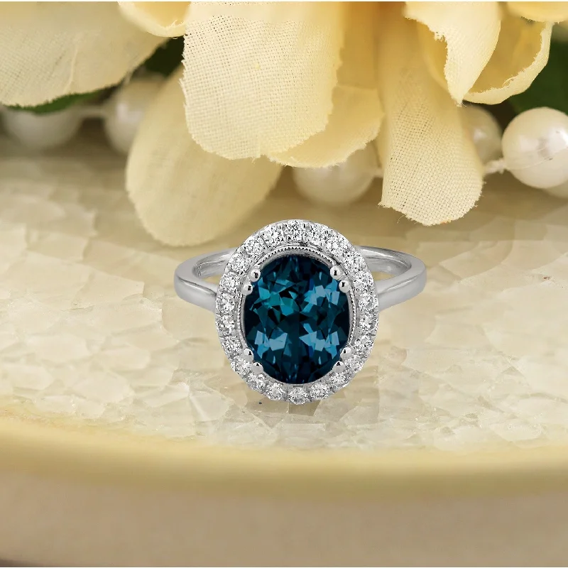 vintage engagement ring for women -Auriya Vintage 2 5/8ct Oval London Blue Topaz and Halo Diamond Engagement Ring 1/3ctw 14k Gold