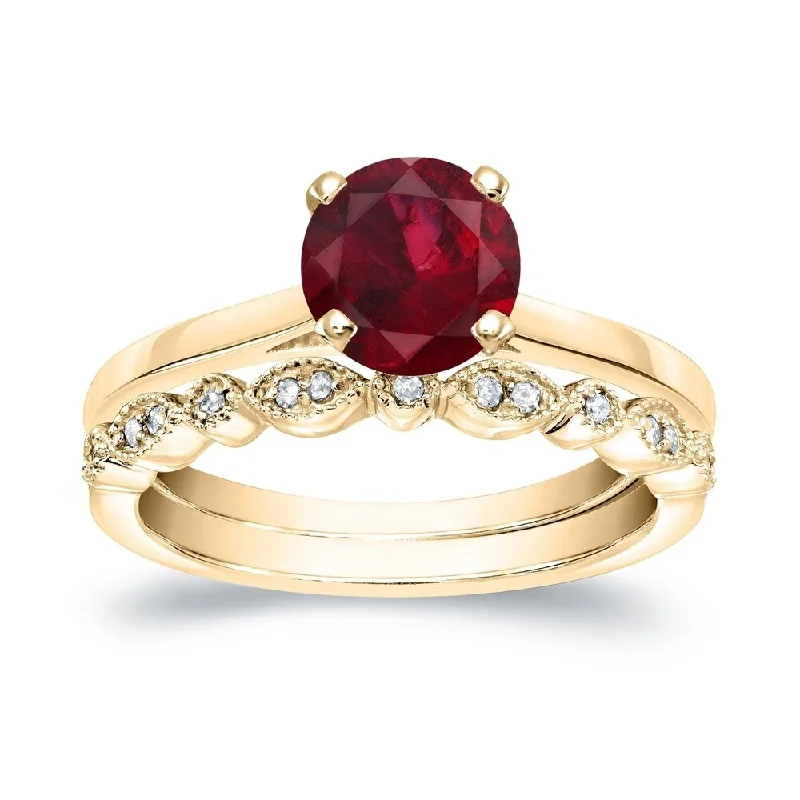 men’s ring with birthstone -Auriya Vintage Stackable 7/8ct Red Ruby Solitaire and 1/6ctw Diamond Engagement Ring Set 14k Gold