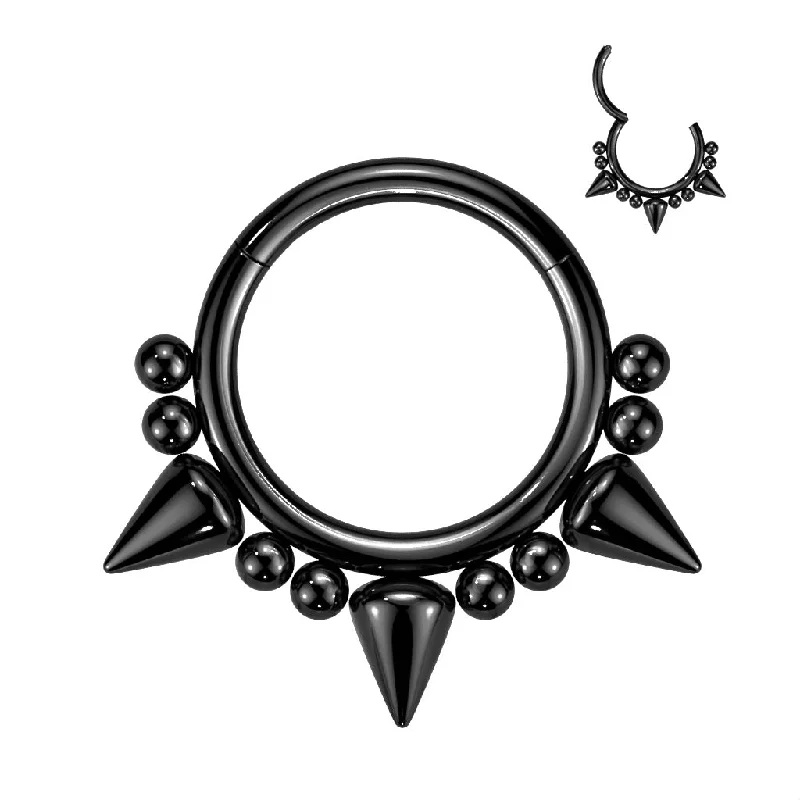 initial ring for women -Black Balls and Spikes Hinged Ring - E602B