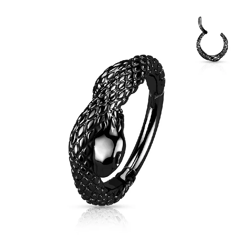 minimalist stackable ring for women -Black Snake Hinged Septum/Daith Ring 16 Gauge - E362B