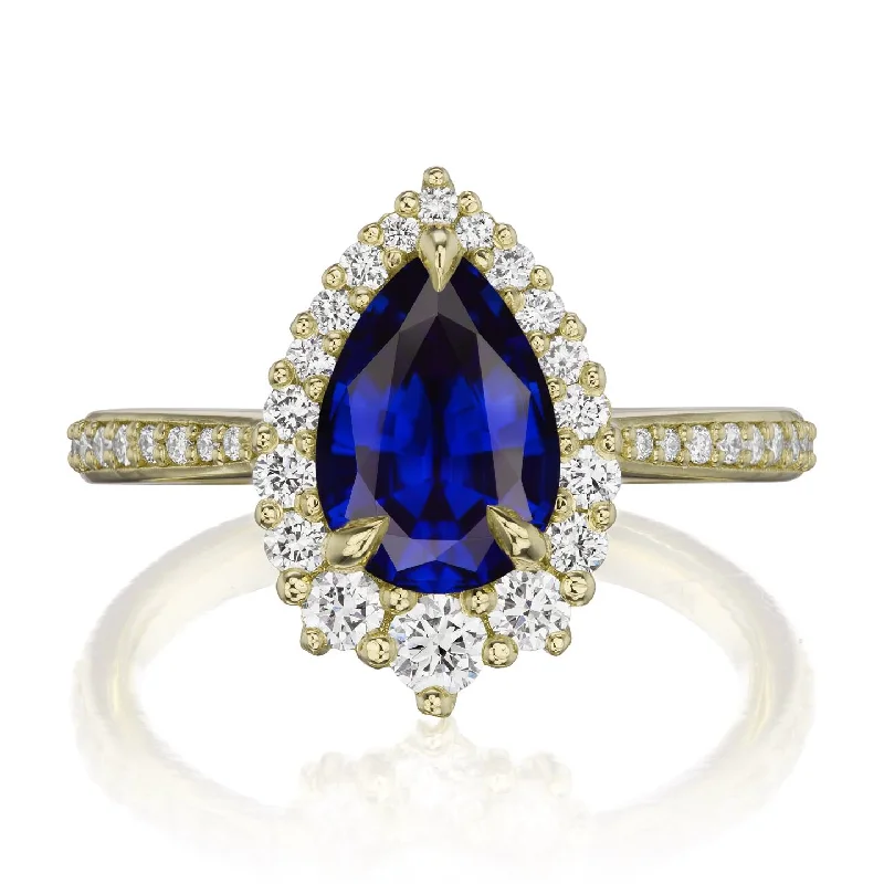 gold band ring for men -・CELESTE・Pear Blue Sapphire Center, Diamond Halo (2.23ctw+)