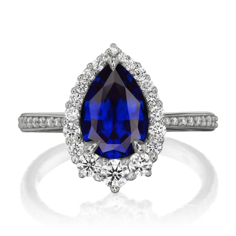 adjustable gold ring for women -・CELESTE・Pear Blue Sapphire Center, Diamond Halo (3.33ctw+)