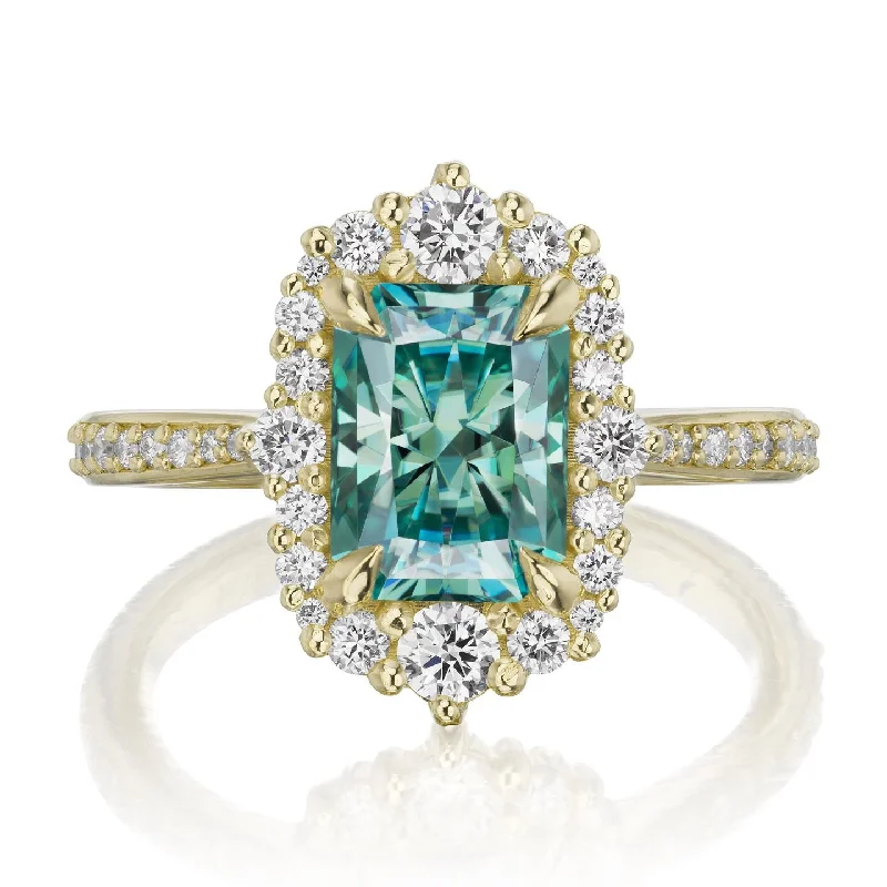 engraved promise ring for women -・ADELINE・Radiant Cut Aqua-Teal Iconic™ Moissanite Center, Diamond Halo (2.21ctw+)