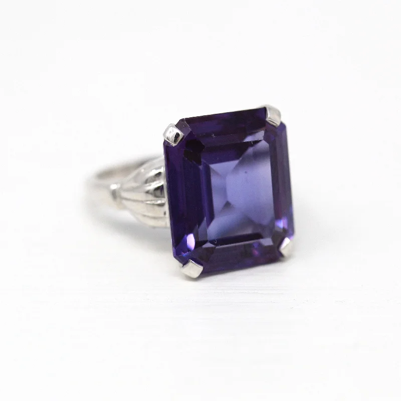 pinky ring for men -Sale - Created Color Change Sapphire Ring - Mid Century 10k White Gold Purple Blue 7 CT Stone - Circa 1950s Era Size 6 Statement 50s Jewelry